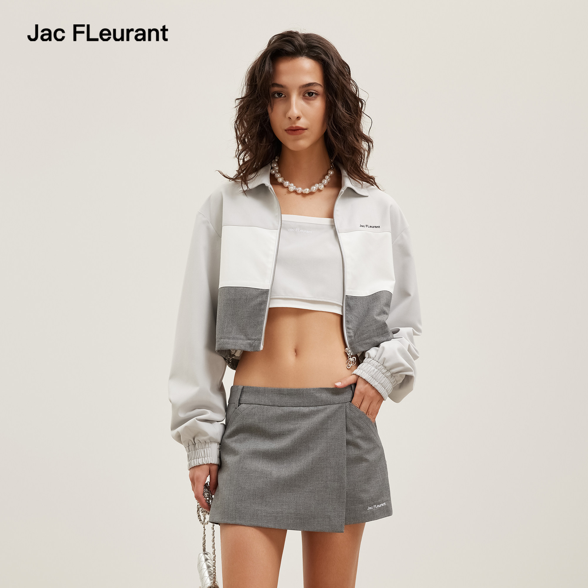 JAC FLEURANT2026春夏新款拼色休闲三件套女灰色短外套背心短裙,女装/女士精品,时尚套装,淘宝优惠券,粉丝福利购,淘宝优惠卷