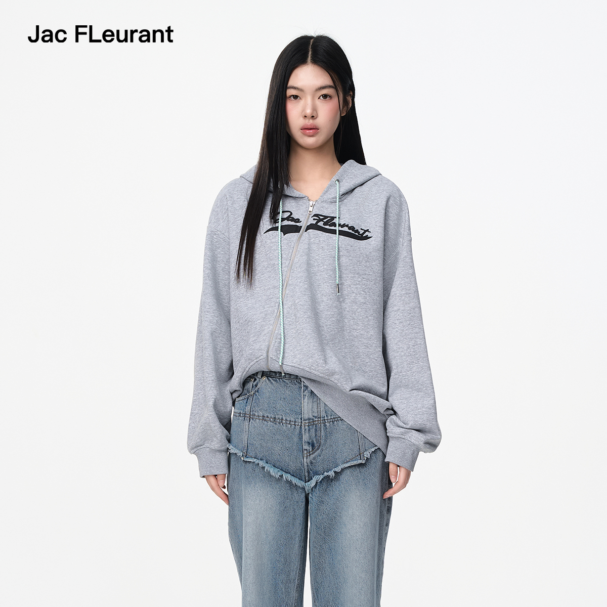 JAC FLEURANT2025秋季新款连帽卫衣女开衫弧形下摆设计感宽松帽衫