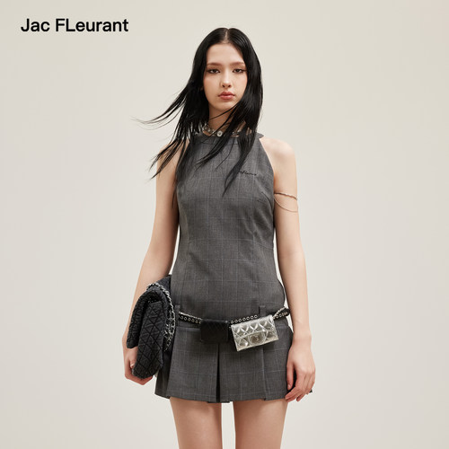 JAC FLEURANT2026夏季新款女士连衣裙灰色格纹挂脖气质无袖百褶裙