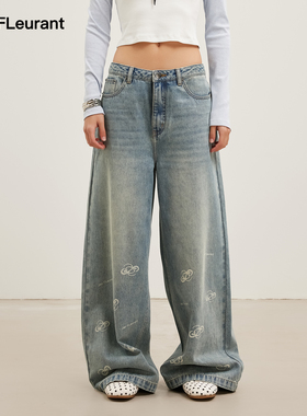 JAC FLEURANT2026春季新款裤脚LOGO印花牛仔裤宽松复古阔腿女裤