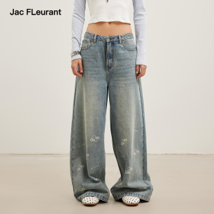 FLEURANT2026春季 宽松复古阔腿女裤 新款 脚LOGO印花牛仔裤 裤 JAC