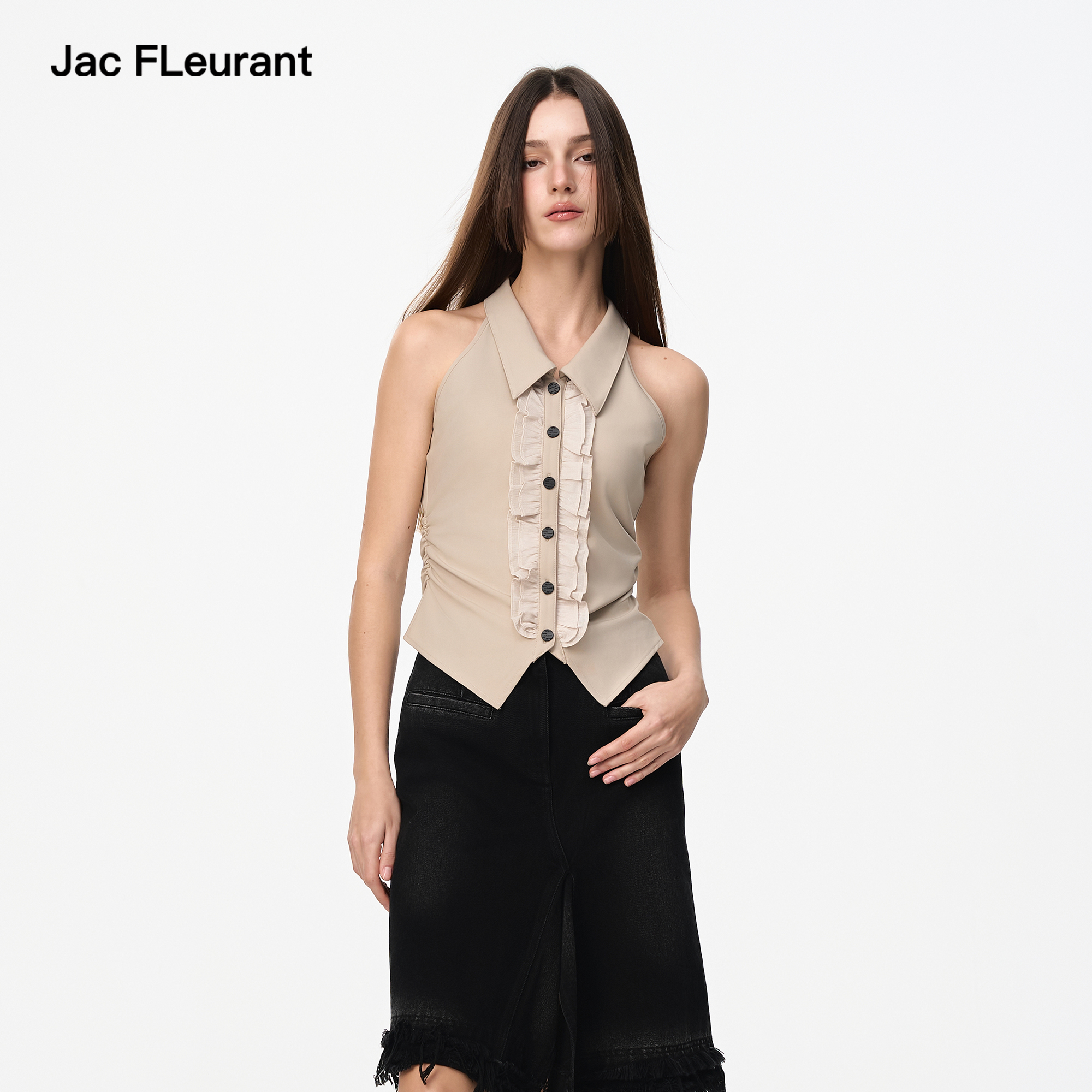 JAC FLEURANT2025春夏新品卡其色荷叶边拼接无袖背心时尚百搭