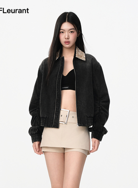 JAC FLEURANT秋季新品袖口褶皱亮片拼接牛仔外套宽松时尚