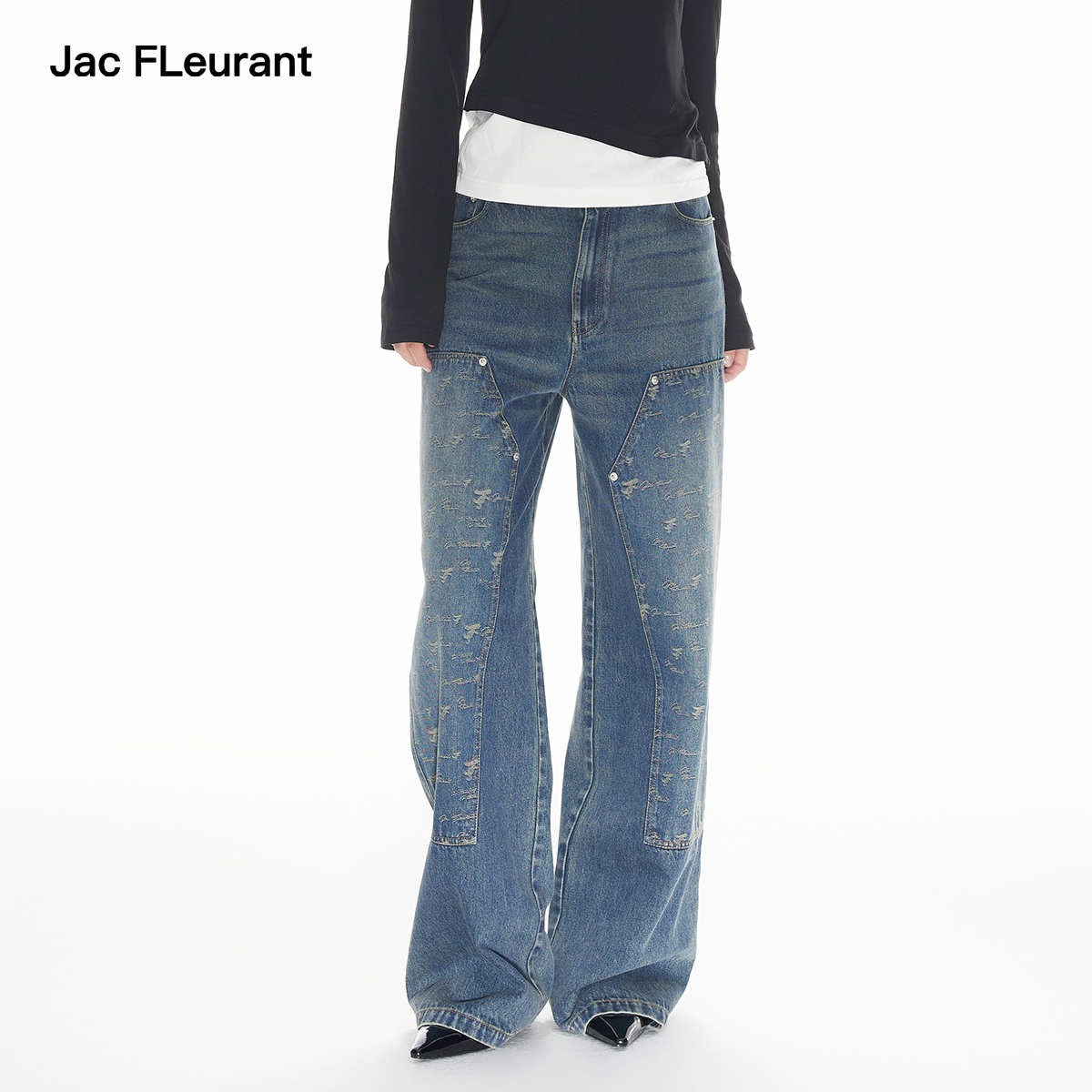JAC FLEURANT秋季新款蓝色水洗满印LOGO拼接设计款宽松牛仔裤