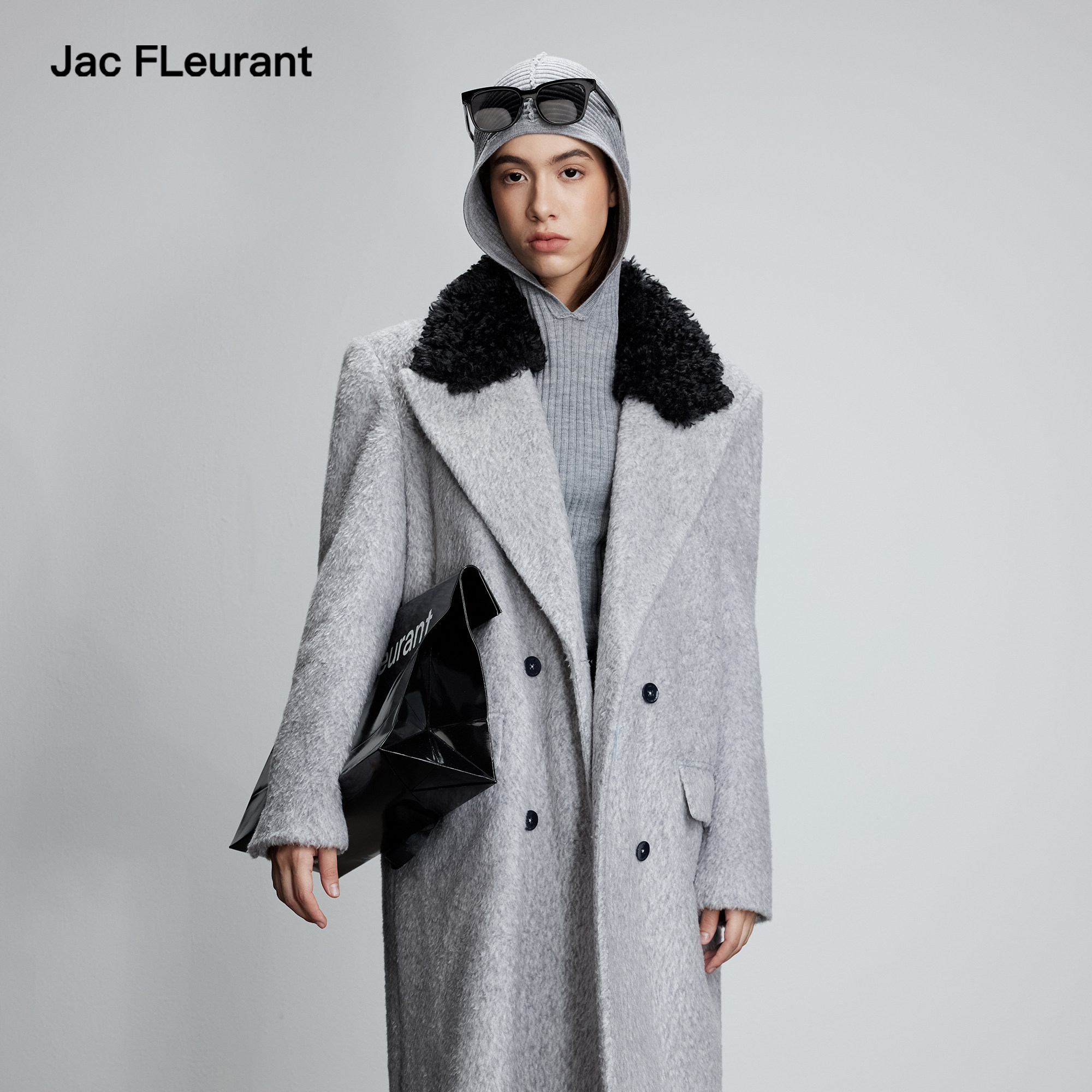 JAC FLEURANT秋冬新品毛领拼接灰色毛呢双排扣女大衣气质款