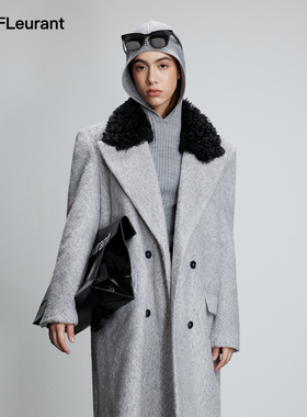 JAC FLEURANT秋冬新品毛领拼接灰色毛呢双排扣女大衣气质款