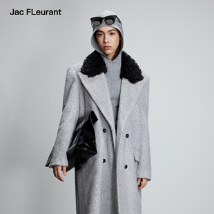毛领拼接灰色毛呢双排扣女大衣气质款 JAC FLEURANT2025秋冬新品