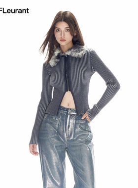JAC FLEURANT秋冬新款灰色条纹毛领针织上衣时尚百搭针织开衫