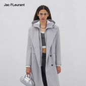 JAC FLEURANT秋冬新品 灰拉链假两件充棉双排扣连帽腰带大衣