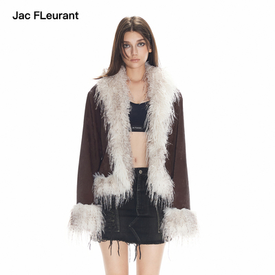 【孟子义同款】JAC FLEURANT秋冬新款棕色pu皮质拼毛外套美拉德女