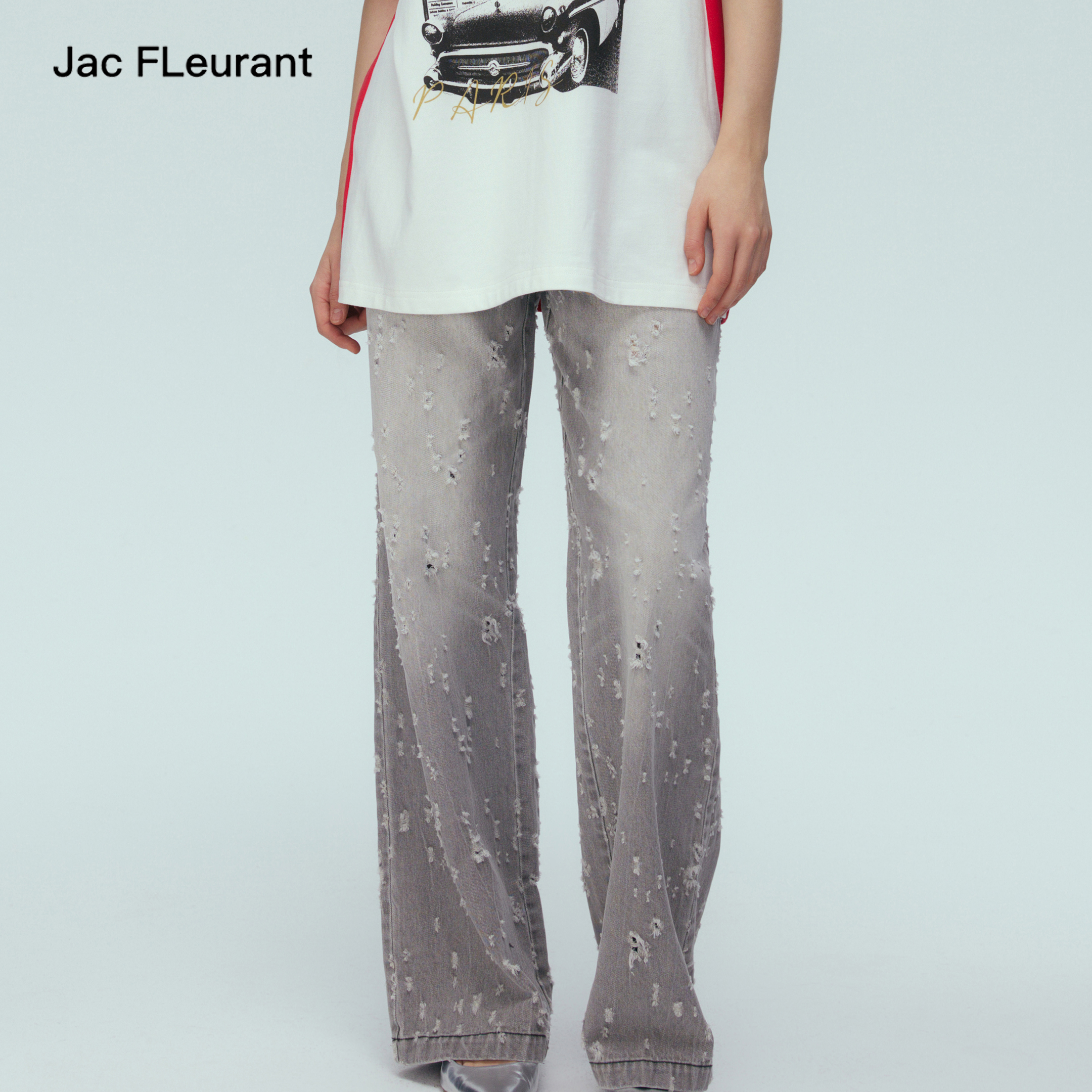 JAC FLEURANT【黄霄云 李兰迪 张真源同款】新款水洗灰弹孔牛仔裤