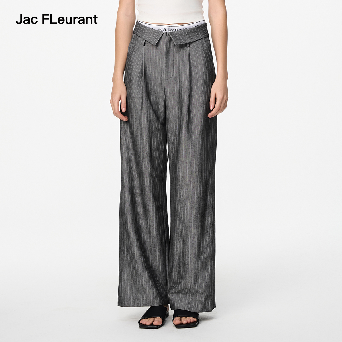 JAC FLEURANT【张雪迎 裴珠泫同款】25松紧织带翻腰条纹垂感西裤