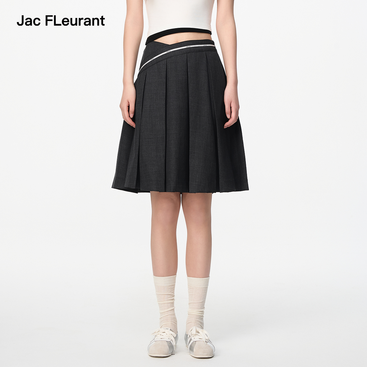 JAC FLEURANT2025夏季新款半身裙女交叉腰头a字裙灰色时尚百褶裙