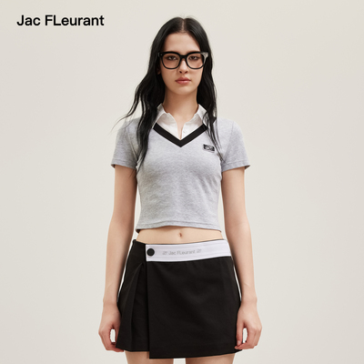 JAC FLEURANT2026夏季新款假两件T恤女拼色衬衫领POLO感短款上衣