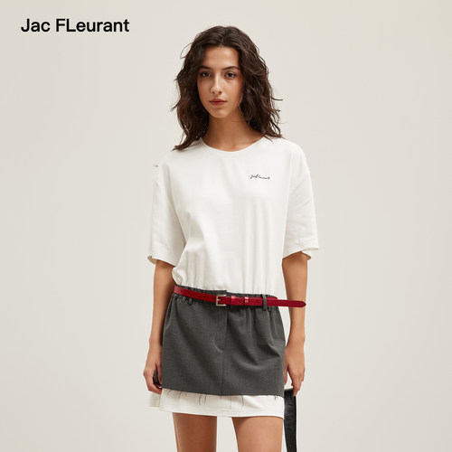 JAC FLEURANT2026夏季新款白色拼接灰短裙假两件宽松短袖连衣裙