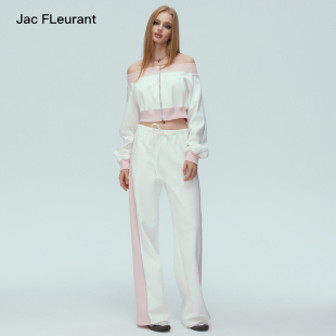 FLEURANT 套装 柳岩同款 时尚 白粉拼色露肩拉链上衣运动裤 JAC