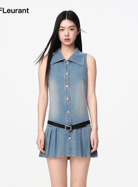 JAC FLEURANT春夏新品无袖百褶牛仔连衣裙休闲