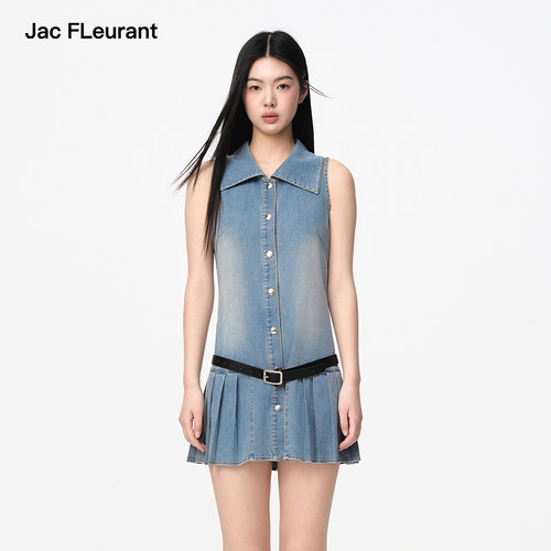 JAC FLEURANT2025春夏新品无袖百褶牛仔连衣裙休闲