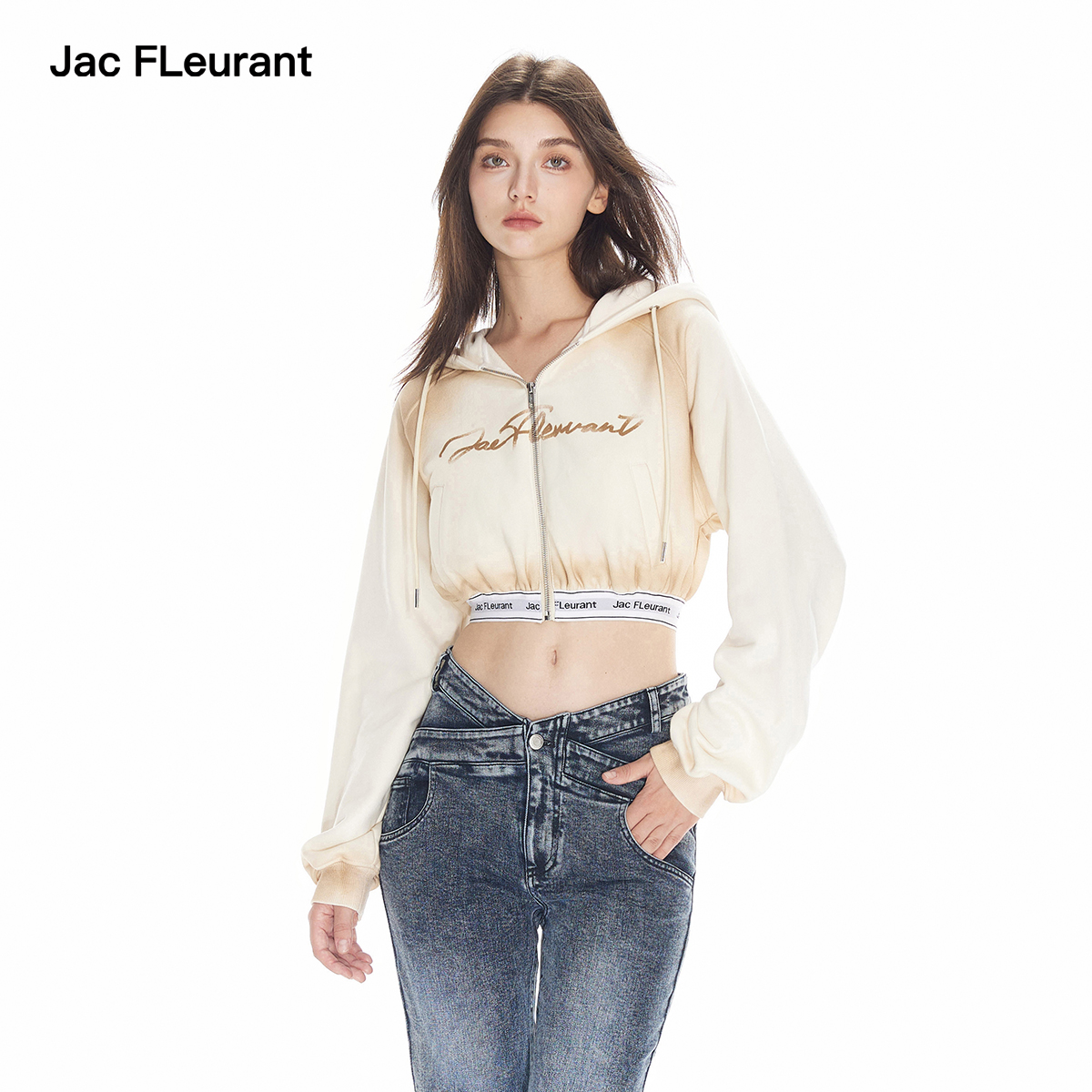 JAC FLEURANT新款米色喷绘LOGO松紧织带短款休闲拉链帽衫