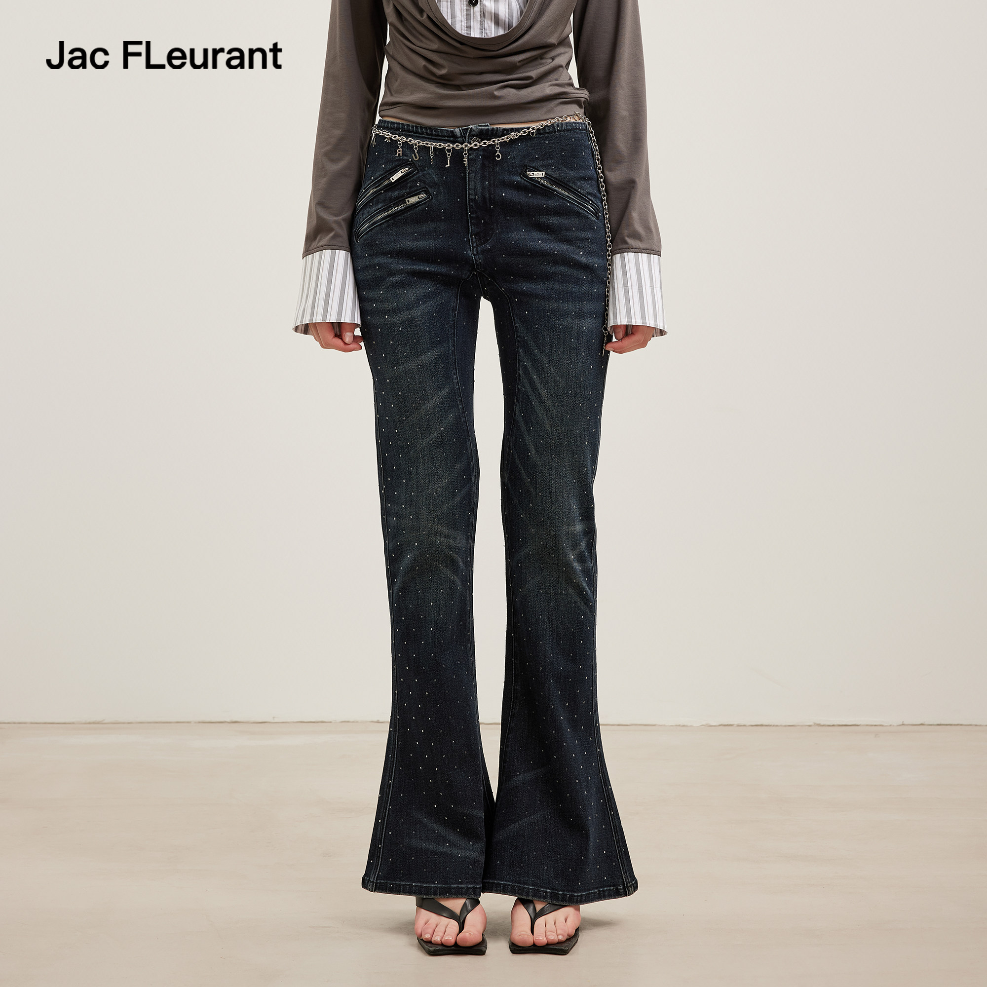 JAC FLEURANT【李小冉同款】26春夏满天星烫钻多拉链微喇牛仔裤
