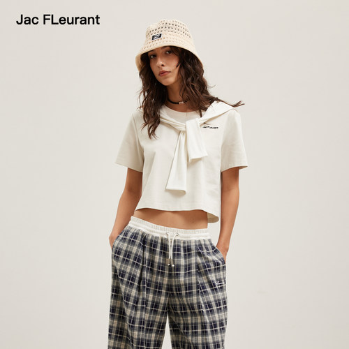JAC FLEURANT2026夏季新款假两件披肩T恤女圆领短袖白色短款上衣