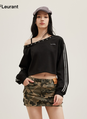 JAC FLEURANT2026春夏新款黑色侧边Logo织带斜肩女卫衣宽松休闲