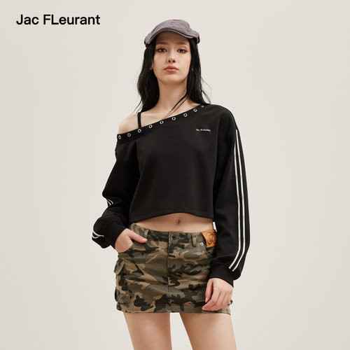 JAC FLEURANT2026春夏新款黑色侧边Logo织带斜肩女卫衣宽松休闲