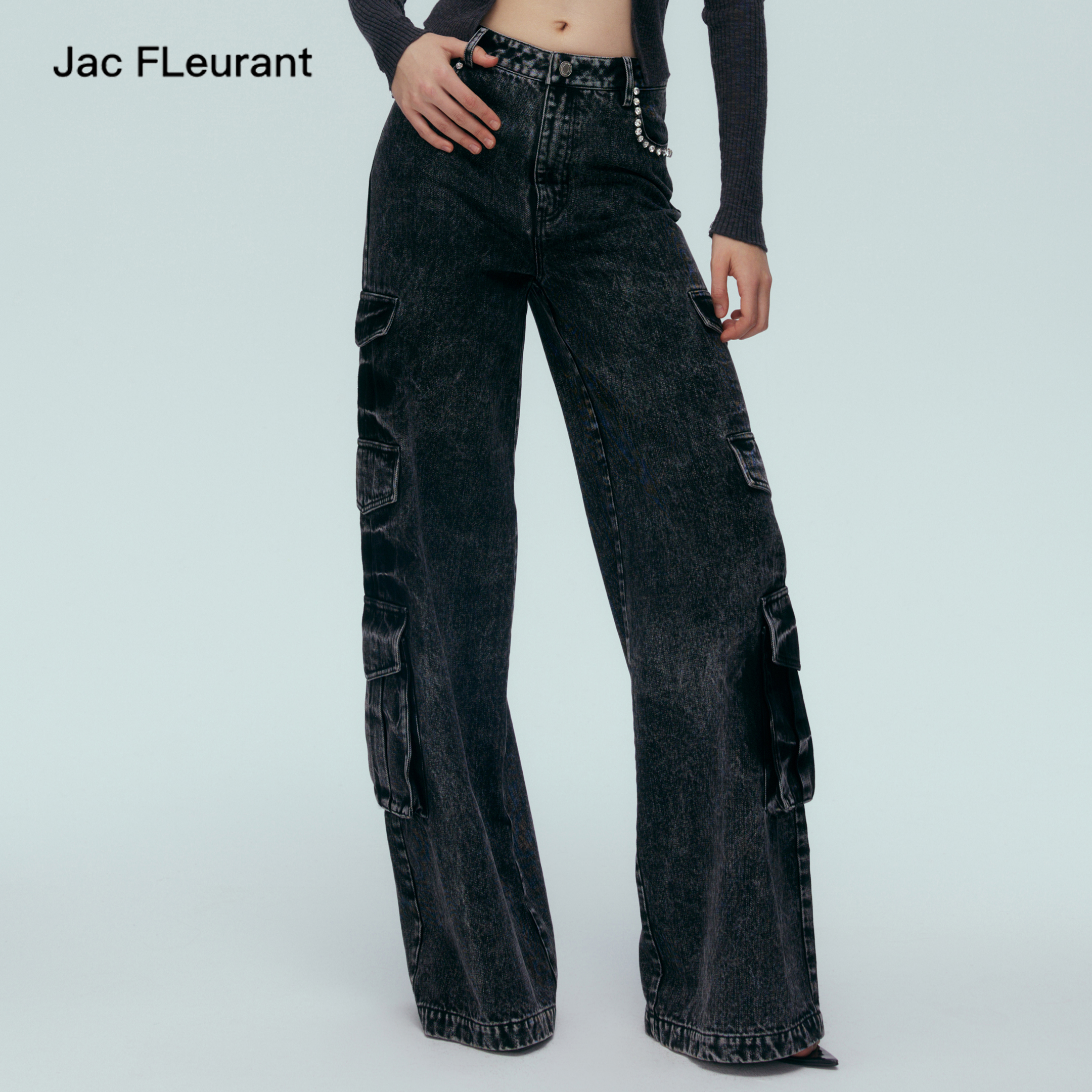 手缝钻石工装口袋牛仔裤工装风