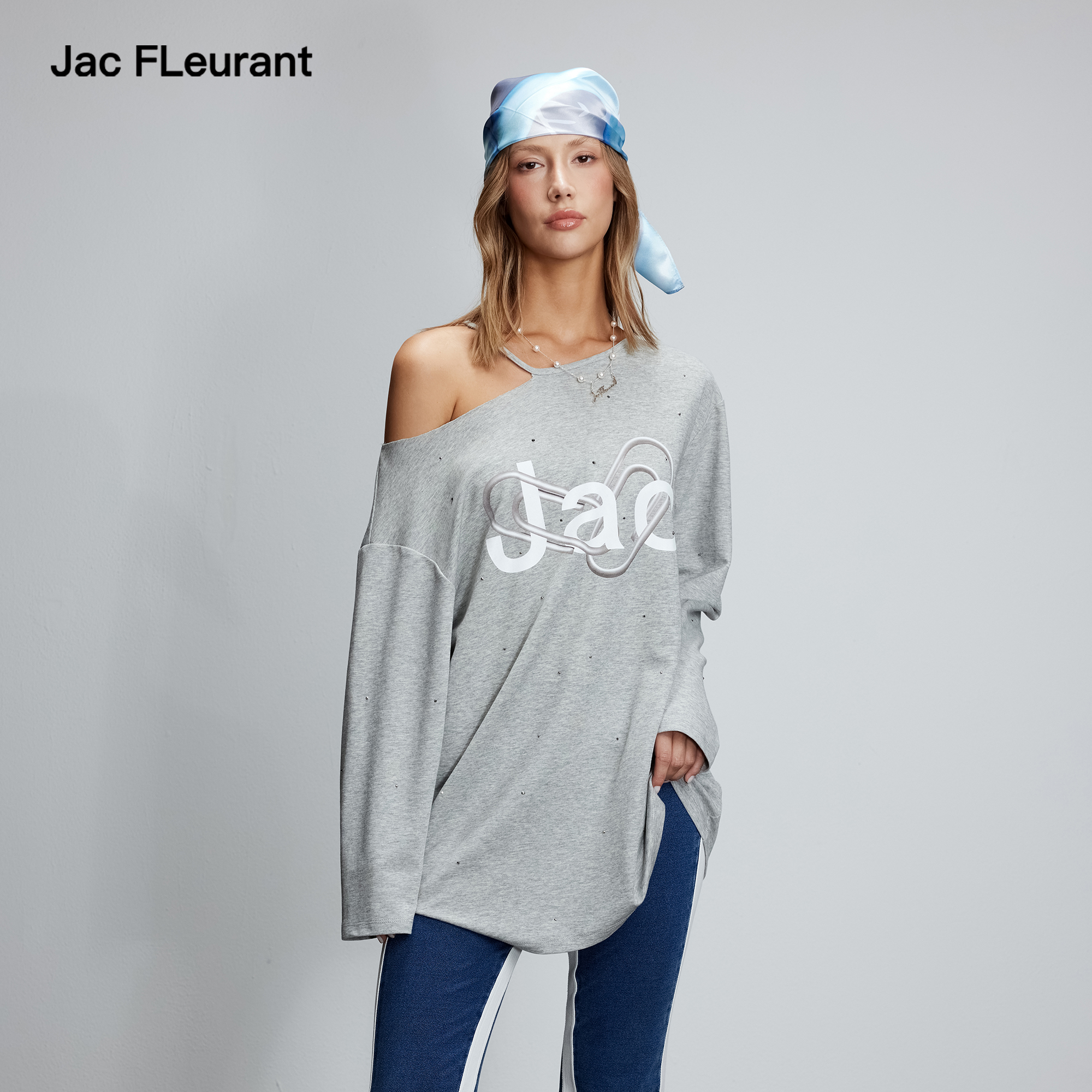 JAC FLEURANT2025秋季新品T恤女长袖灰色印花露肩休闲上衣宽松