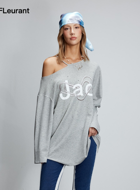JAC FLEURANT秋季新品T恤女长袖灰色印花露肩休闲上衣宽松