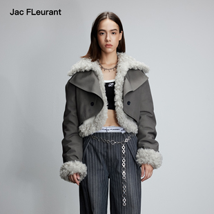 灰色拼毛绒时尚 JAC 秋冬新品 何洁同款 两件套夹克女 FLEURANT