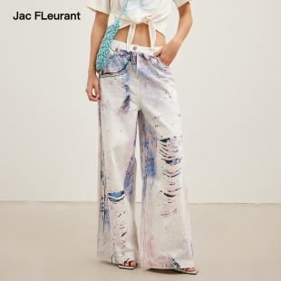 JAC FLEURANT【李小冉同款】3D渲染印花满天星烫钻直筒牛仔裤女