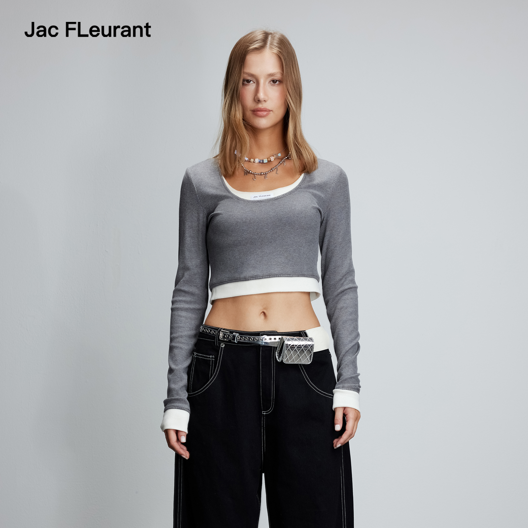 JAC FLEURANT2025秋季新品灰白拼接内搭基础上衣百搭修身女长袖