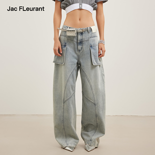 休闲宽松弯刀裤 JAC 口袋牛仔裤 蓝灰色工装 FLEURANT2026春夏新款