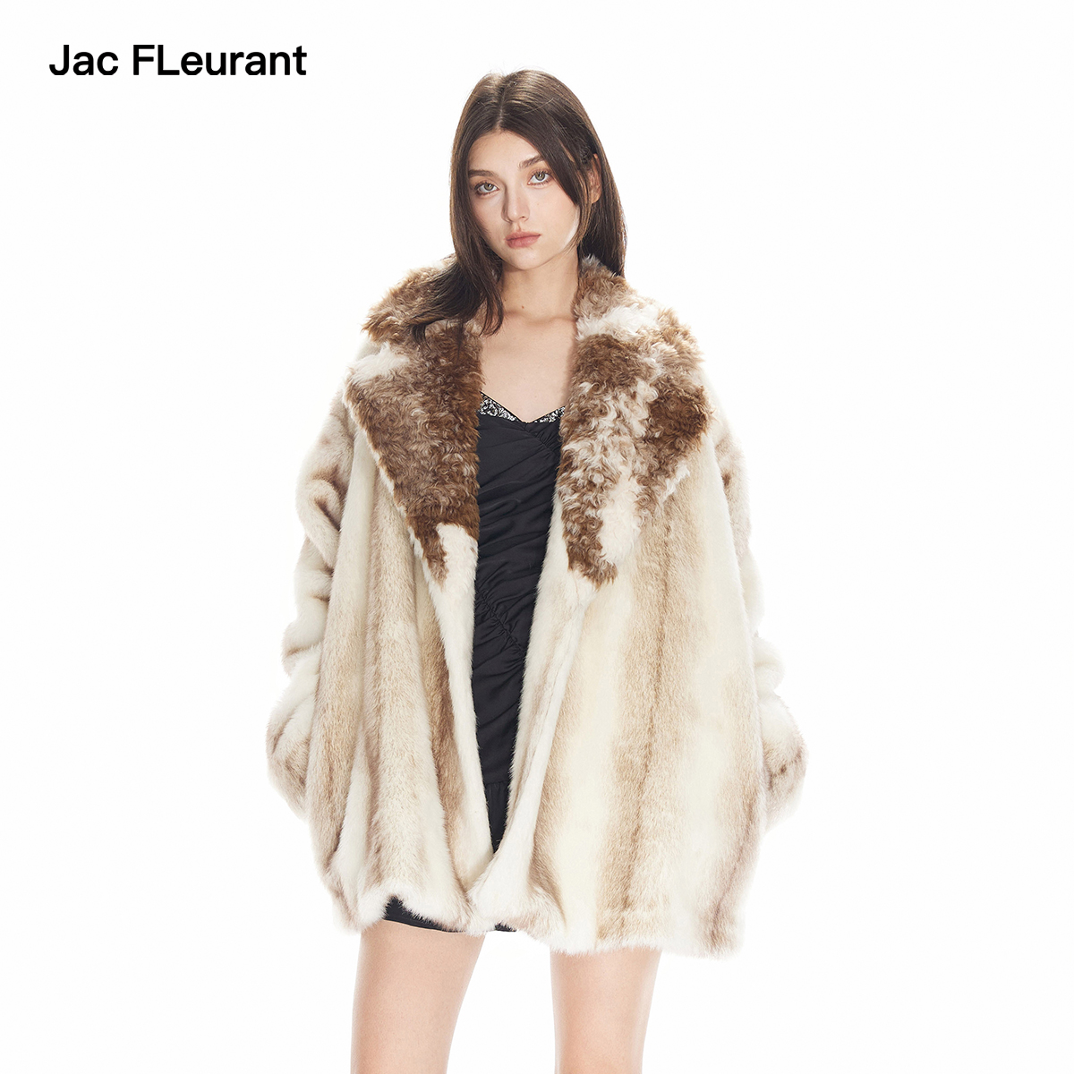 JAC FLEURANT秋冬新品扎染毛领拼接米色高级女外套时尚