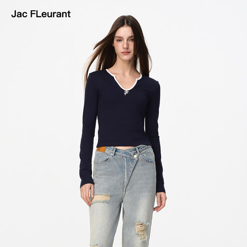 JAC FLEURANT秋季新品V领打底上衣百搭舒适藏青色米色灰色
