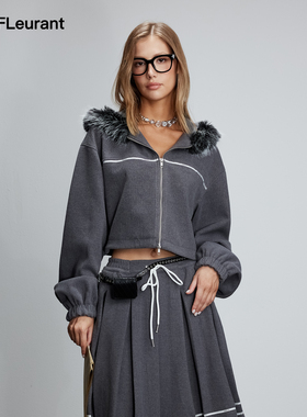 JAC FLEURANT秋冬新款灰色连帽拼毛织带毛呢外套百褶裙套装
