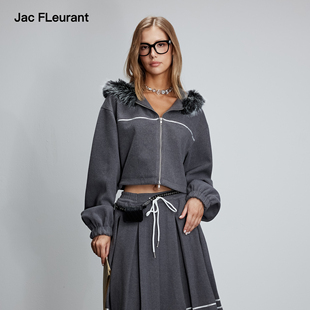 灰色连帽拼毛织带毛呢外套百褶裙套装 JAC FLEURANT2025秋冬新款