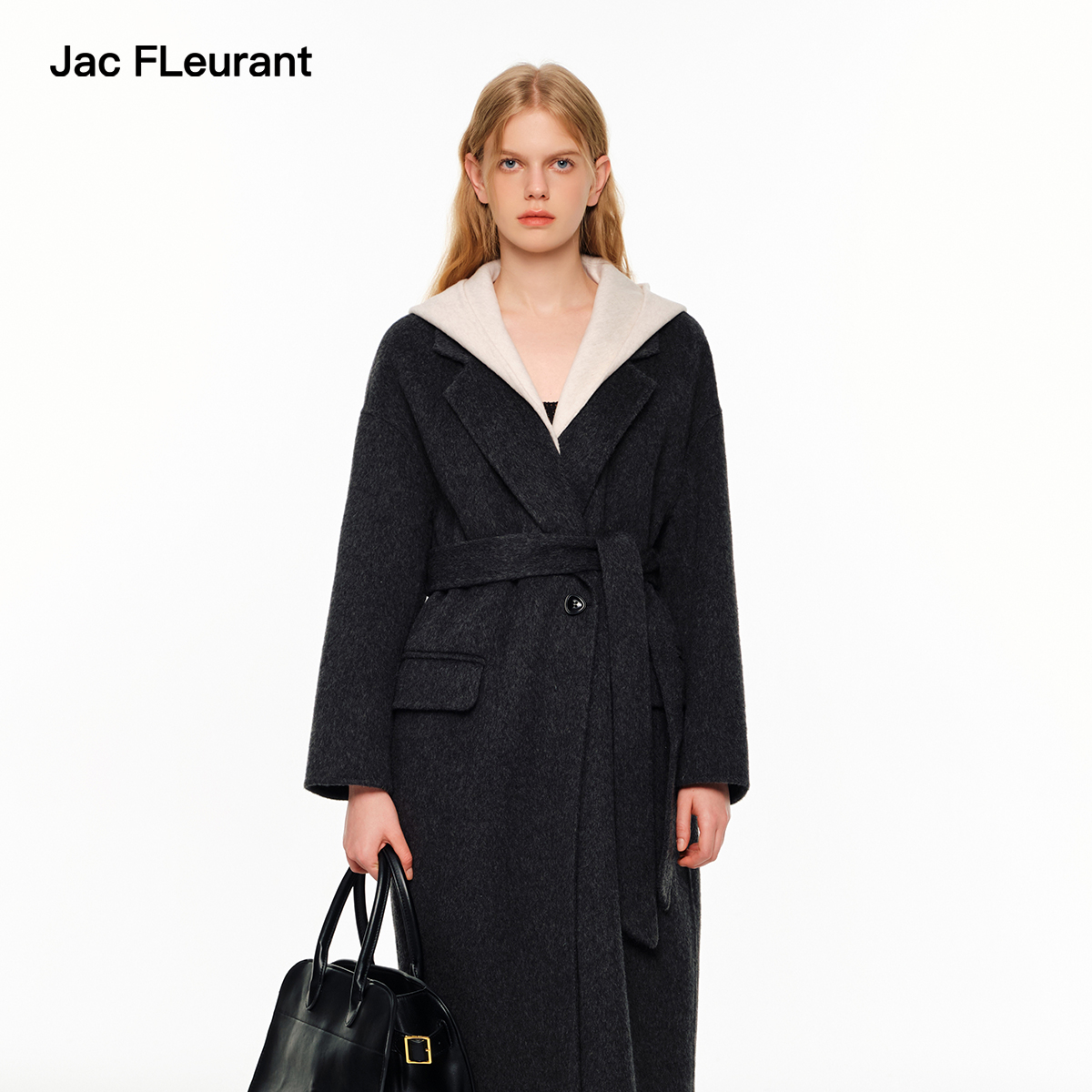 JAC FLEURANT双面呢大衣撞色灰白连帽长款羊毛外套