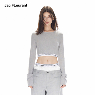 长袖 灰色简约LOGO松紧织带短款 上衣 FLEURANT新品 JAC