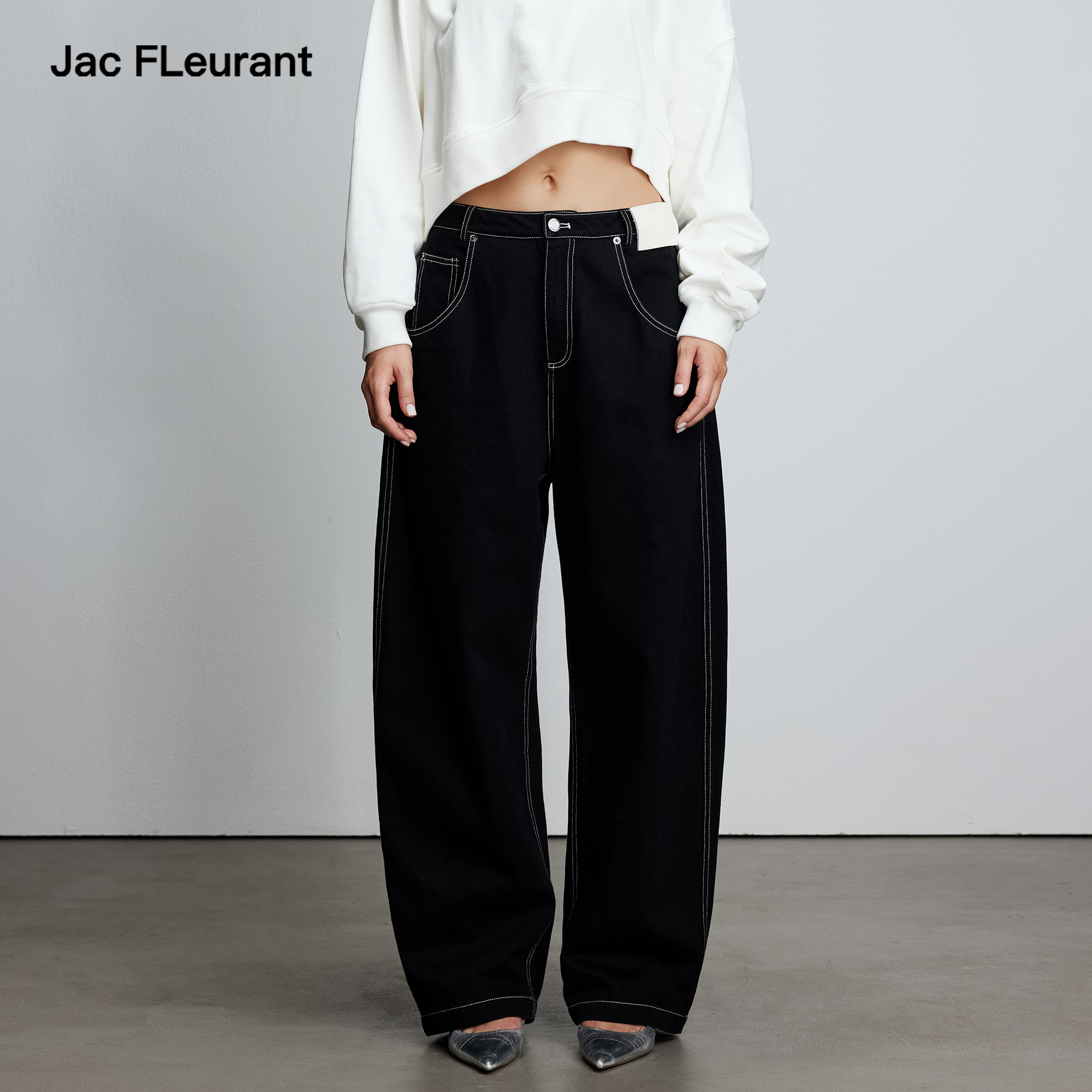 JAC FLEURANT2025秋冬新款黑色牛仔裤女明线刺绣弯刀裤子百搭宽松