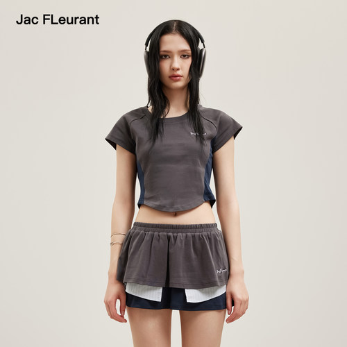 JAC FLEURANT2026夏季新款灰蓝拼色短袖T恤女拼接撞色短裤裙套装