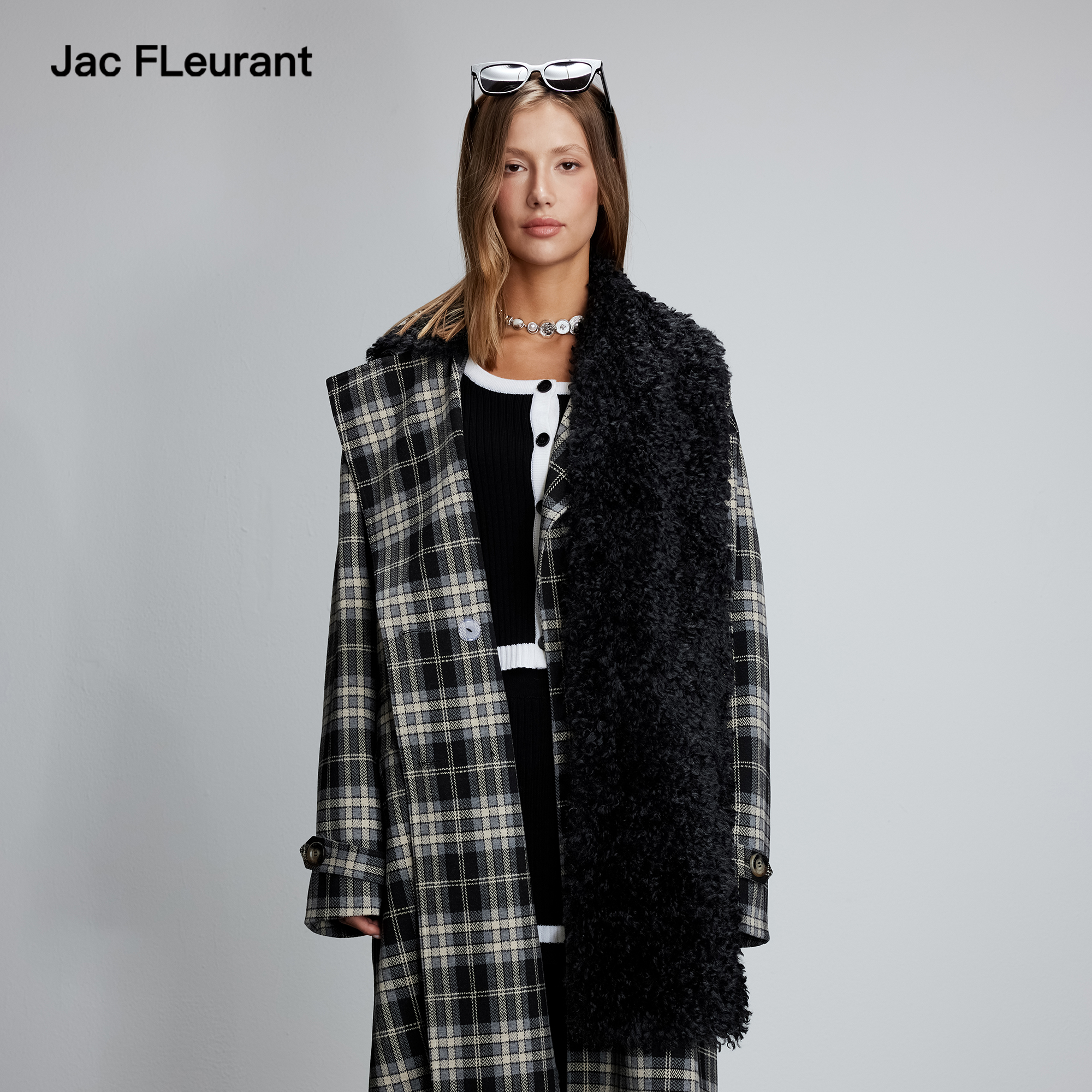 JAC FLEURANT2025秋冬新款可拆卸围巾格纹长款女士大衣保暖外套