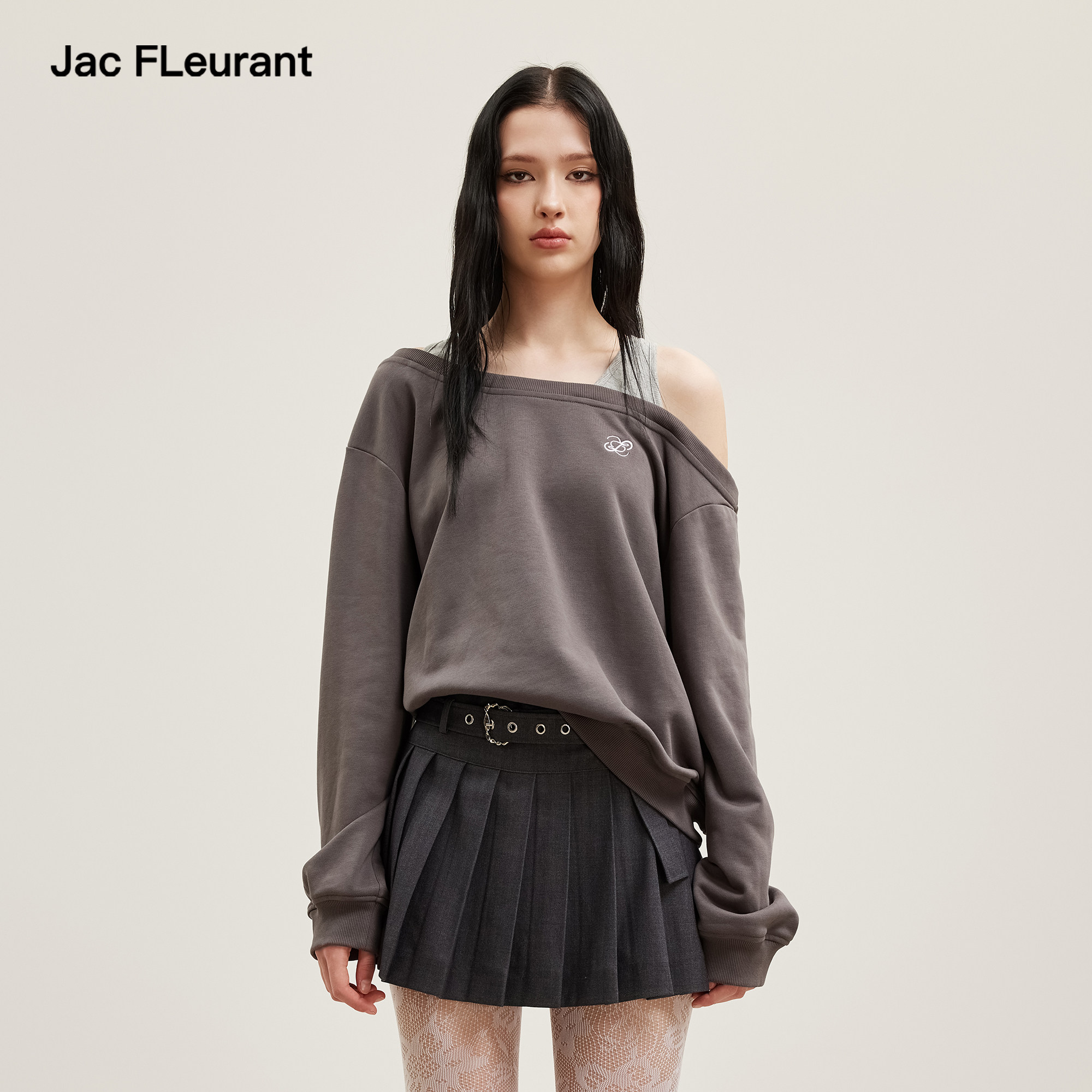 JAC FLEURANT【何洁同款】新款假两件背心拼接露肩撞色宽松卫衣