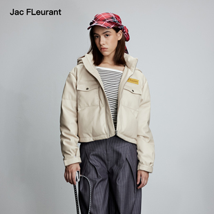JAC 米色皮面休闲女士连帽羽绒服百搭简约 FLEURANT2025秋冬新品