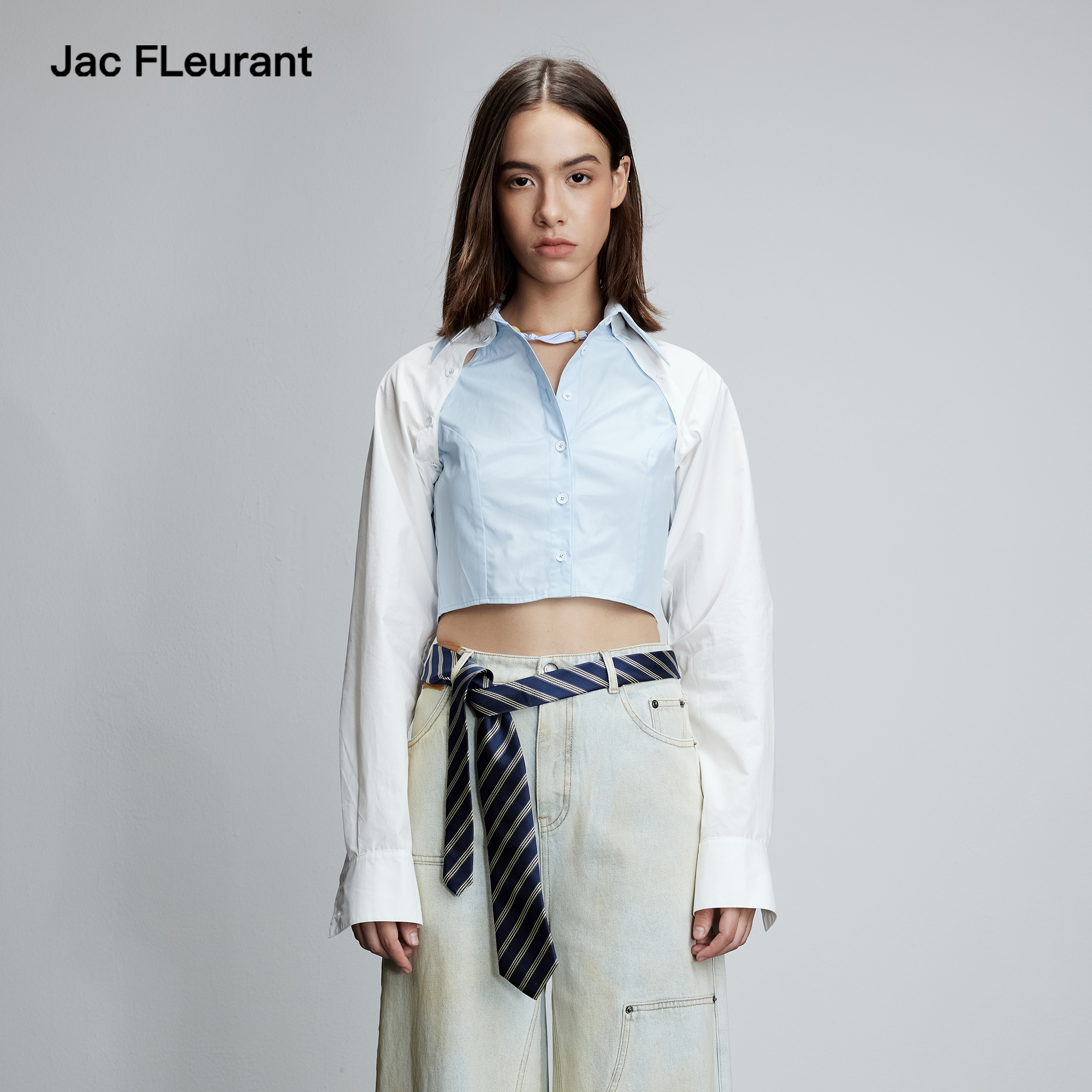 JAC FLEURANT2025秋冬新品可拆卸两件拼色短款衬衫长袖上衣时尚