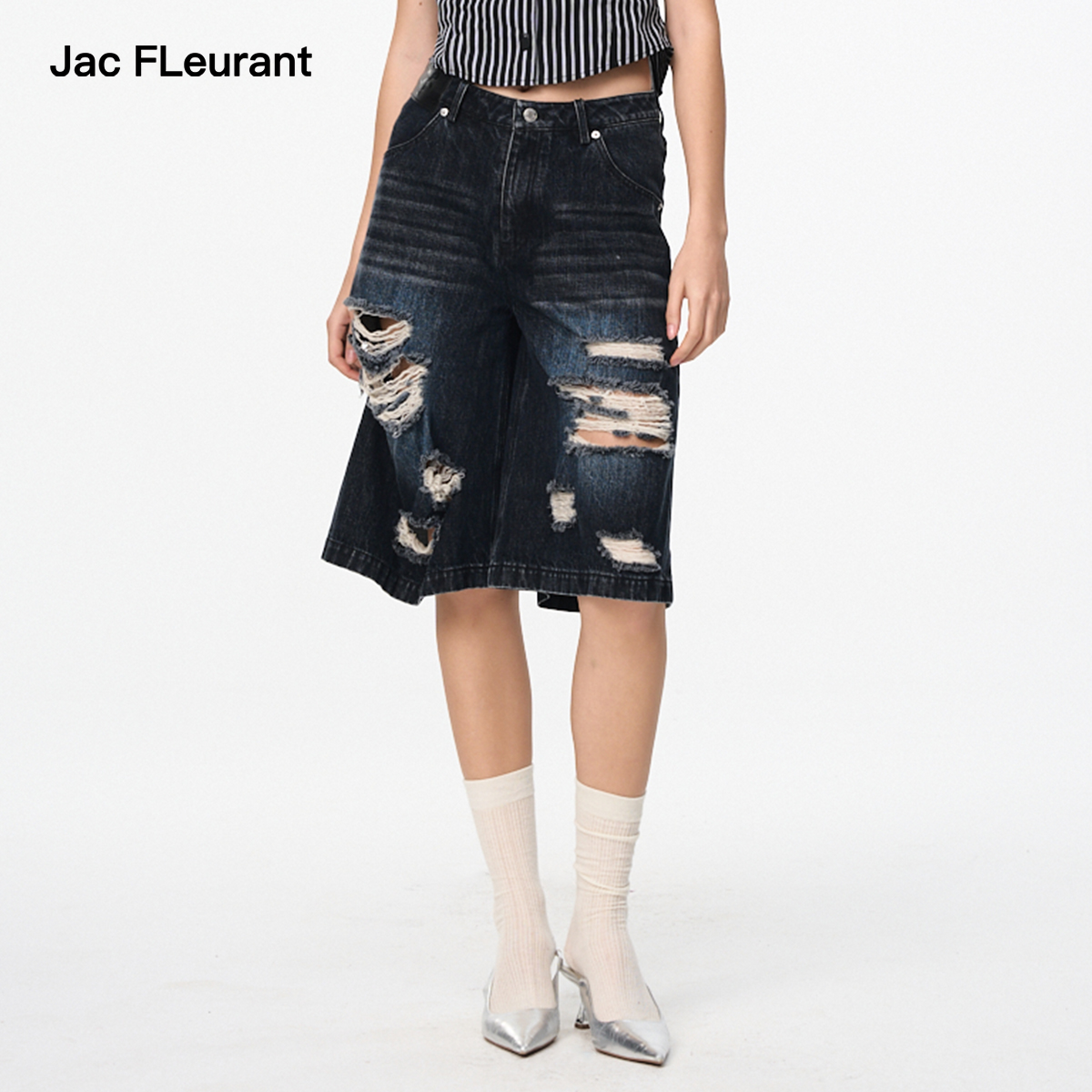 JAC FLEURANT2025夏季新款蓝灰色水洗破洞休闲时尚牛仔七分裤