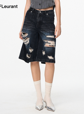 JAC FLEURANT夏季新款蓝灰色水洗破洞休闲时尚牛仔七分裤