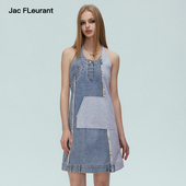 JAC FLEURANT春夏新款 牛仔拼接卫衣挂脖绑带裙休闲连衣裙