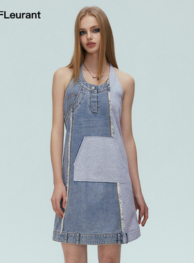 JAC FLEURANT春夏新款牛仔拼接卫衣挂脖绑带裙休闲连衣裙